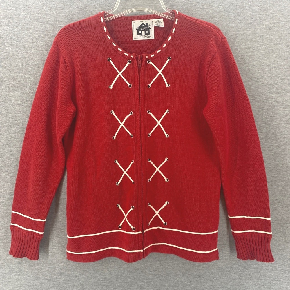 HSN Storybook Knits Red Lace Up Zip Front Cardigan Cottagecore Sweater XS - Picture 2 of 9